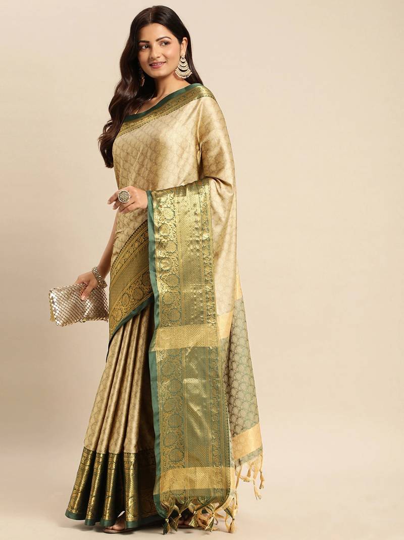 Beige cotton silk saree with unstitched blouse piece