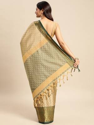 beige cotton silk banarasi saree with green zari border 2
