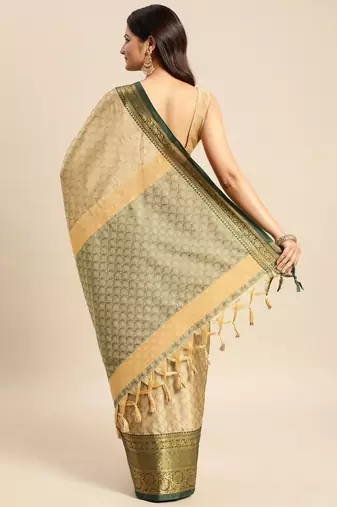 beige cotton silk banarasi saree with green zari border