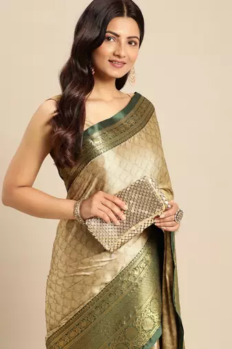 beige cotton silk banarasi saree with green zari border