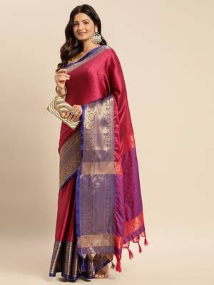 magenta cotton silk banarasi saree with blue zari border 1