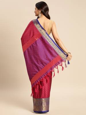 magenta cotton silk banarasi saree with blue zari border 2