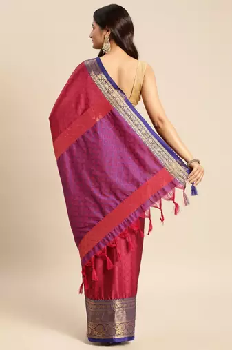 magenta cotton silk banarasi saree with blue zari border