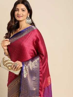 magenta cotton silk banarasi saree with blue zari border 3