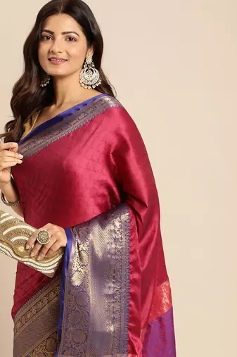 magenta cotton silk banarasi saree with blue zari border