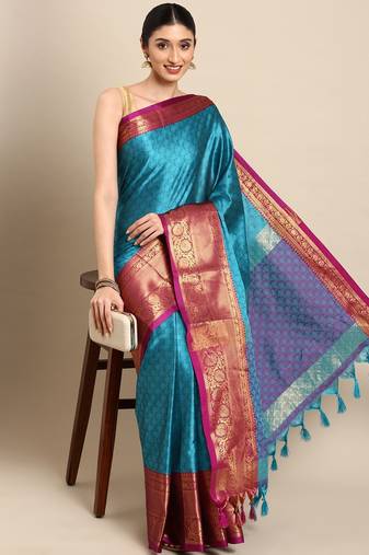 Sky blue cotton silk saree with unstitched blouse piece