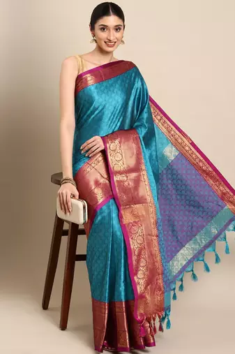 Sky blue cotton silk saree with unstitched blouse piece