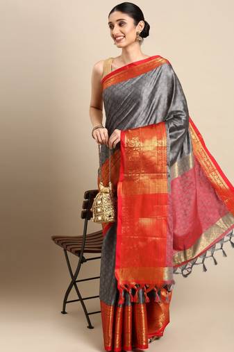 Grey cotton silk saree with unstitched blouse piece