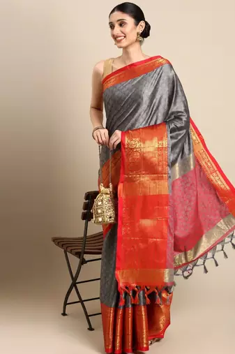 Grey cotton silk saree with unstitched blouse piece