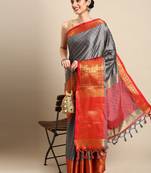 Grey cotton silk saree with unstitched blouse piece