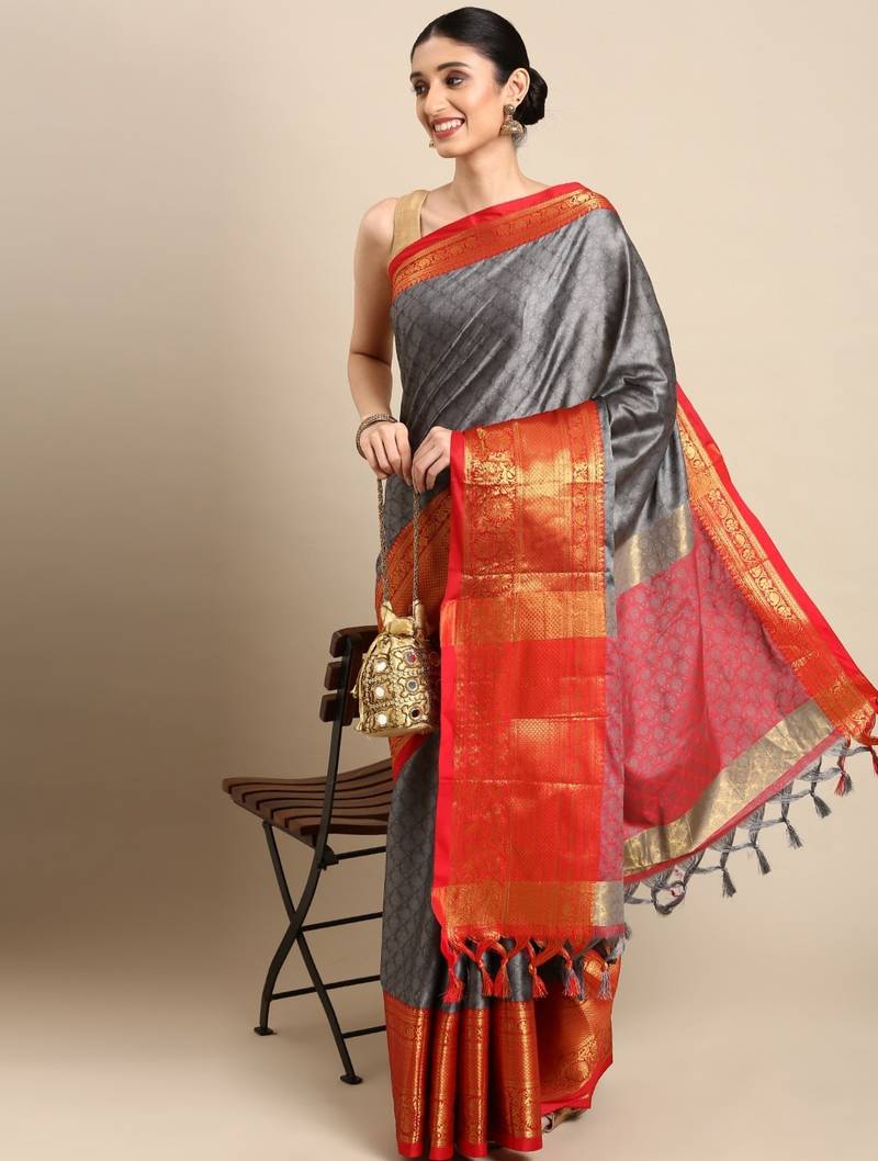 Grey cotton silk saree with unstitched blouse piece