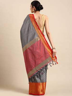 grey cotton silk banarasi saree with red zari border 2
