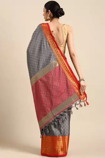 grey cotton silk banarasi saree with red zari border