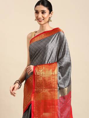 grey cotton silk banarasi saree with red zari border 3