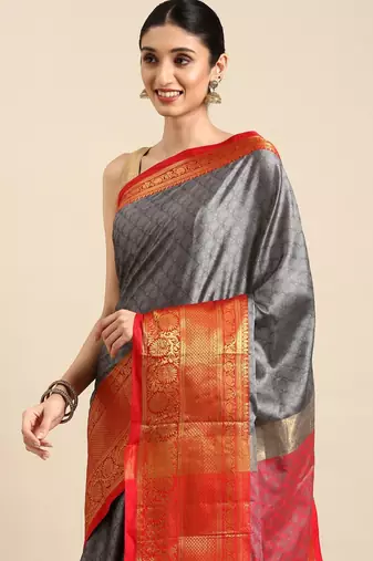 grey cotton silk banarasi saree with red zari border