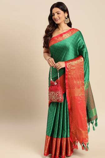 Green cotton silk saree with unstitched blouse piece