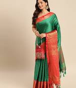 Green cotton silk saree with unstitched blouse piece