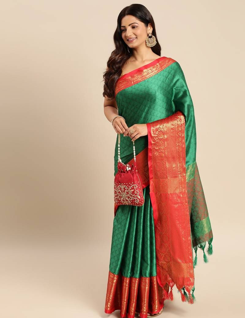 Green cotton silk saree with unstitched blouse piece