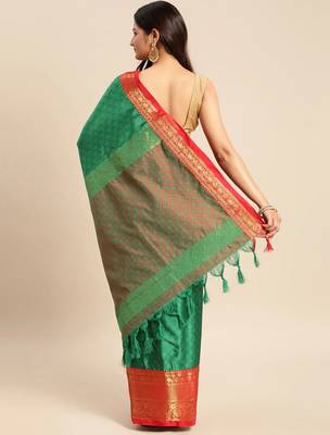 green cotton silk banarasi saree with red zari border 2