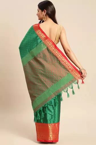 green cotton silk banarasi saree with red zari border