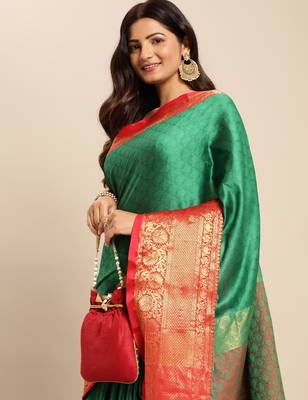 green cotton silk banarasi saree with red zari border 3