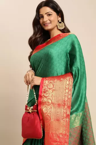 green cotton silk banarasi saree with red zari border
