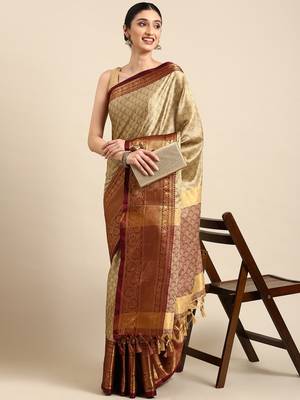 beige cotton silk banarasi saree with maroon zari border 1