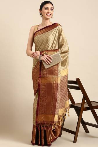 Beige cotton silk saree with unstitched blouse piece