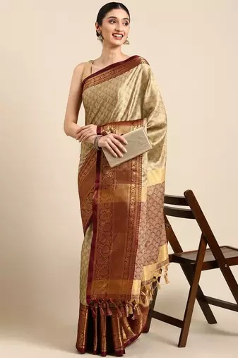 Beige cotton silk saree with unstitched blouse piece