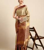 Beige cotton silk saree with unstitched blouse piece