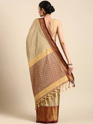 beige cotton silk banarasi saree with maroon zari border 2
