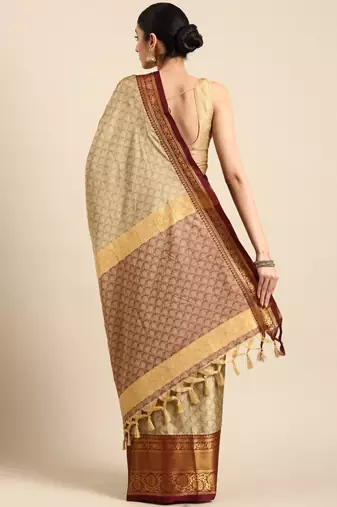 beige cotton silk banarasi saree with maroon zari border