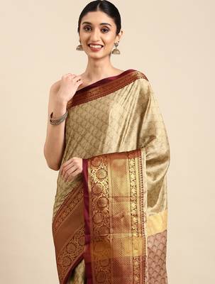beige cotton silk banarasi saree with maroon zari border 3