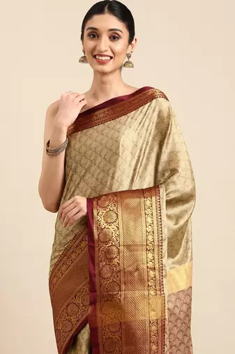 beige cotton silk banarasi saree with maroon zari border
