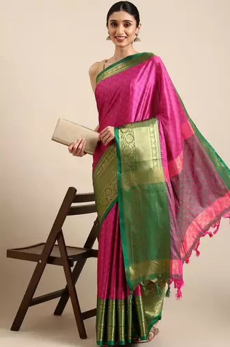 Pink cotton silk saree with unstitched blouse piece