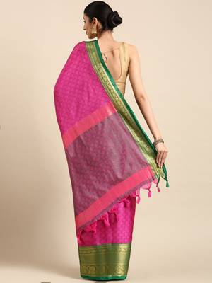 pink cotton silk banarasi saree with green zari border 2