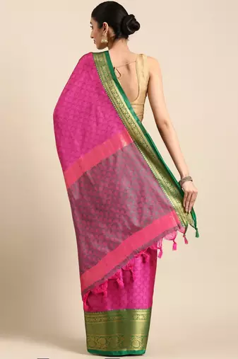 pink cotton silk banarasi saree with green zari border