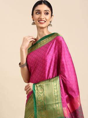 pink cotton silk banarasi saree with green zari border 3