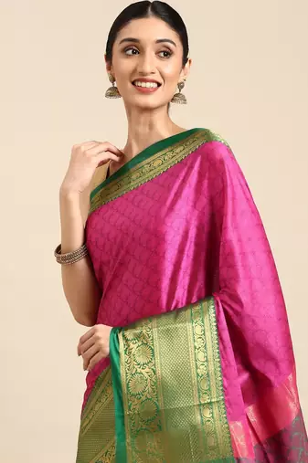 pink cotton silk banarasi saree with green zari border