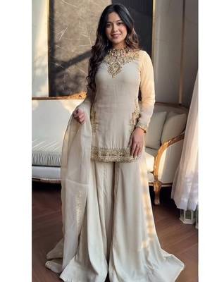Off-white embroidery satin fully stitched sarara plazo suit set 6