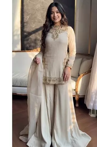 Off-white embroidery satin fully stitched sarara plazo suit set