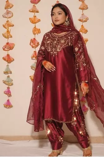 Maroon embroidery satin fully stitched farshi salwar suit set