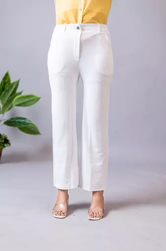 women solid white regular fit mid-rise flat front trousers