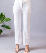 Women solid white regular fit mid-rise flat front trousers