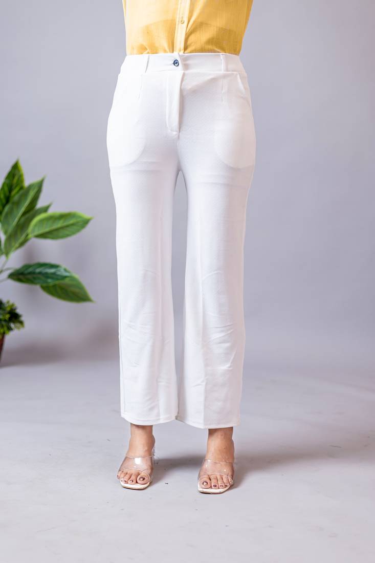 Women solid white regular fit mid-rise flat front trousers