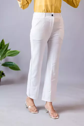 women solid white regular fit mid-rise flat front trousers