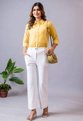 women solid white regular fit mid-rise flat front trousers 4