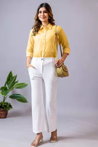 women solid white regular fit mid-rise flat front trousers