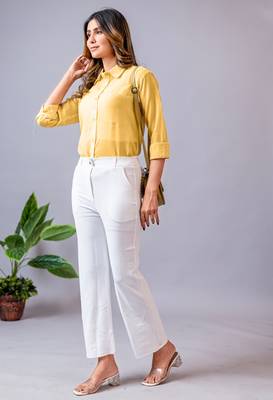women solid white regular fit mid-rise flat front trousers 5