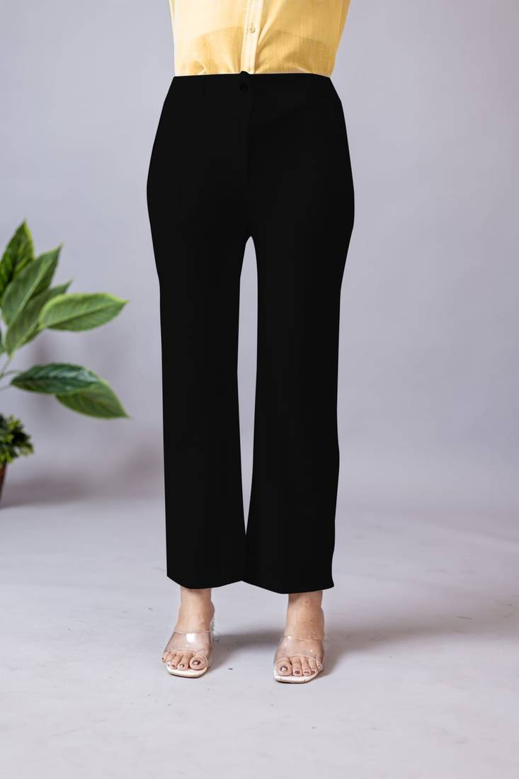 Women solid black regular fit mid-rise flat front trousers